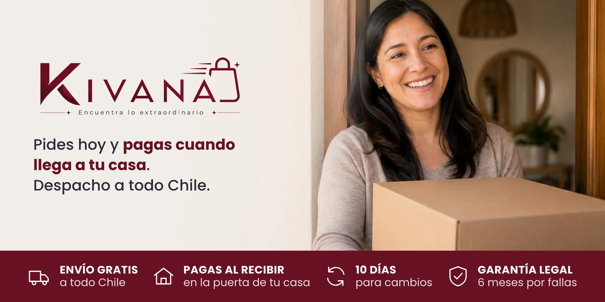Mujer recibiendo su pedido en la puerta de su casa. Kivana: envío gratis a todo Chile, pagas al recibir, 10 días para cambios y garantía legal de 6 meses